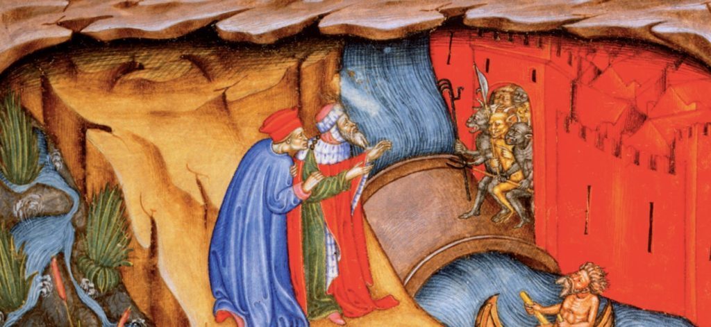 Miniatura. Prima metà del 1400. Lo inferno della Commedia di Dante Alighieri col commento di Guiniforte delli Bargigi miniato per il Duca di Milano Filippo Maria Visconti. Folio 6v. Dante e Virgilio accompagnati dal demone Flegias alla porta della Città di Dite , difesa dai demoni - Imola, Biblioteca Comunale - Crediti: A. Dagli Orti/Scala, Firenze