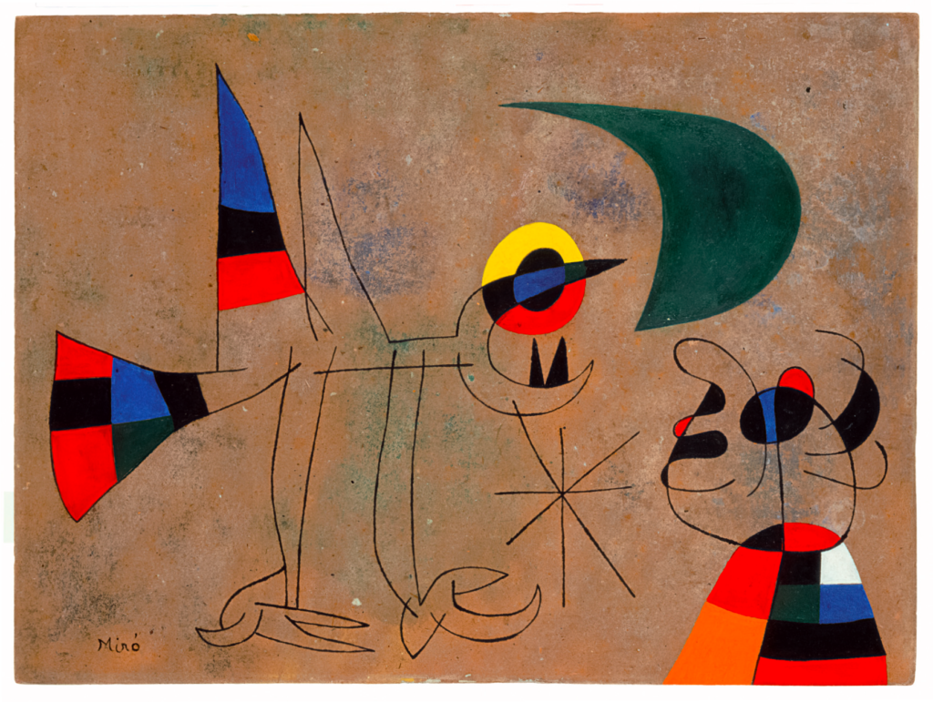 Joan Miró, Le Chant de l'oiseau à la rosée de la lune, 1955, olio su cartone. Foto Joan Ramon Bonet. Archivo Successió Miró © Successió Miró ADAGP, Paris, by SIAE 2021
